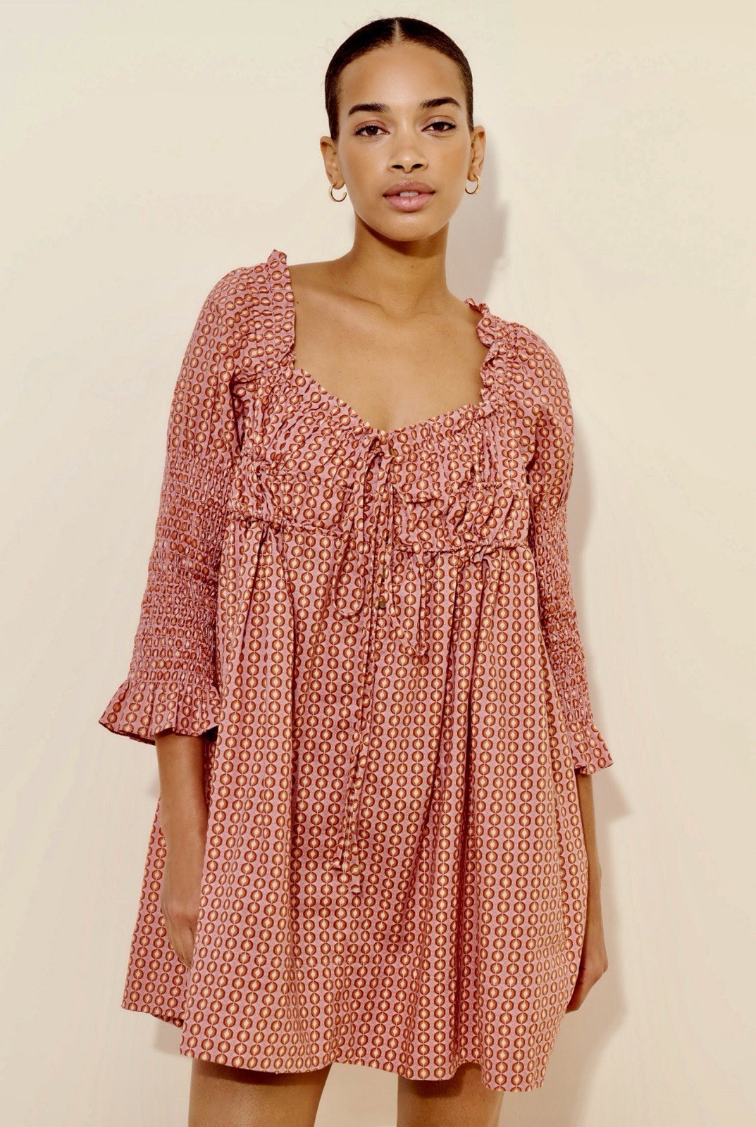 Free People Star Dip Mini Dress M Smocked Babydoll Boho Rose Pink Geo Print NWT