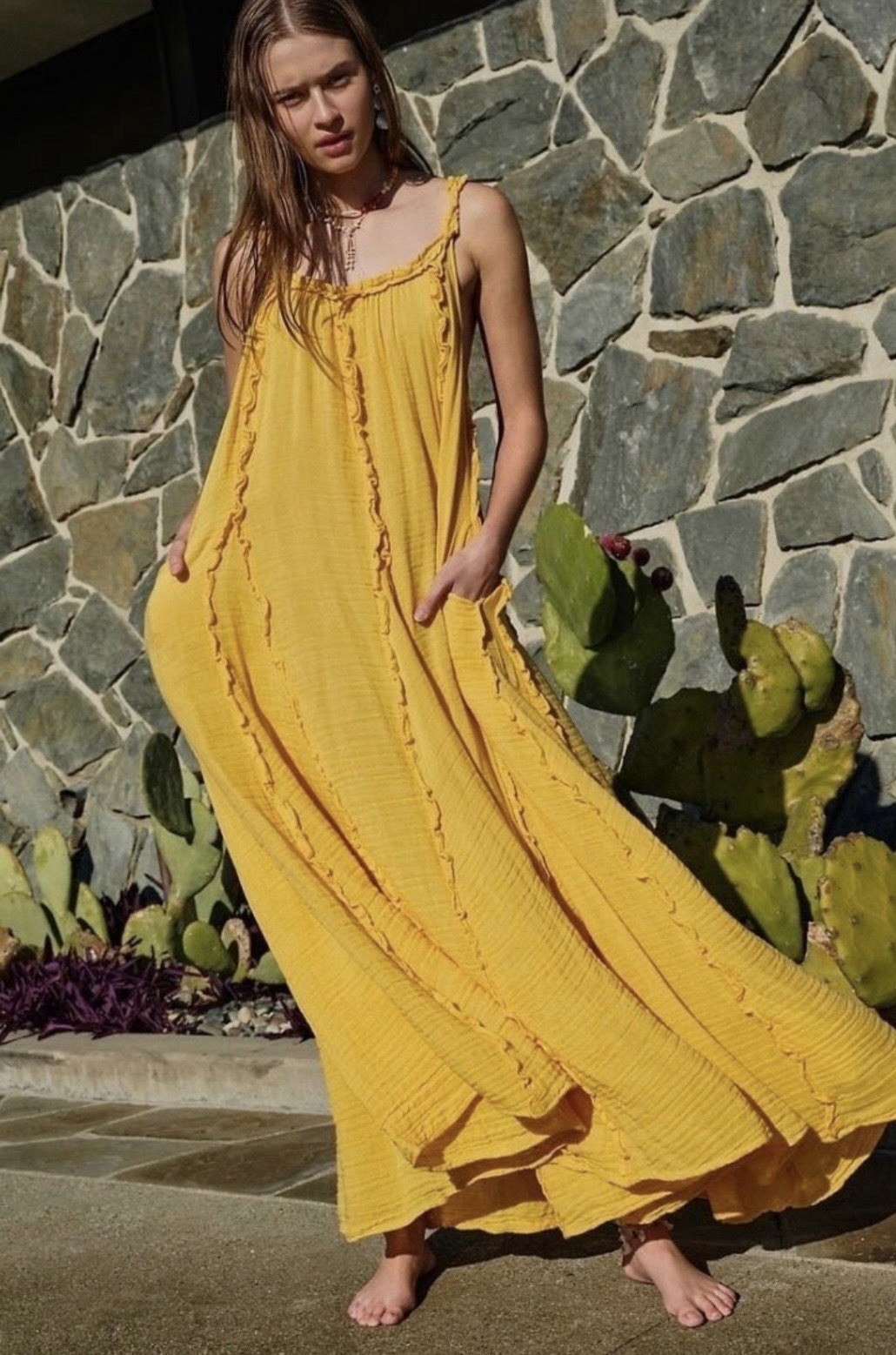 Women’s Yellow Solid Maxi Dress Long Sleeveless Strappy Ruffle Pockets