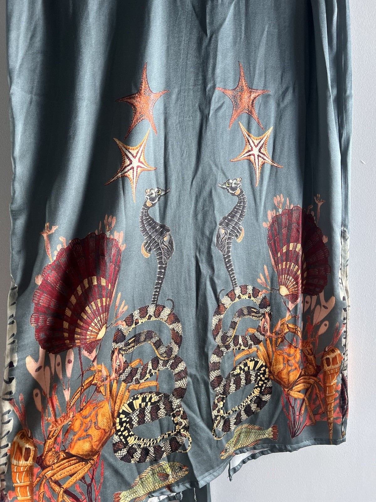 Carolina K Silk Halter Maxi Dress Light Teal Reef Coral Print Size S