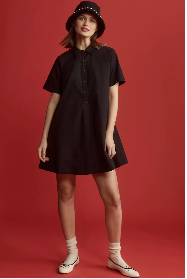 Anthropologie Short Sleeve Poplin Black Dress XLP
