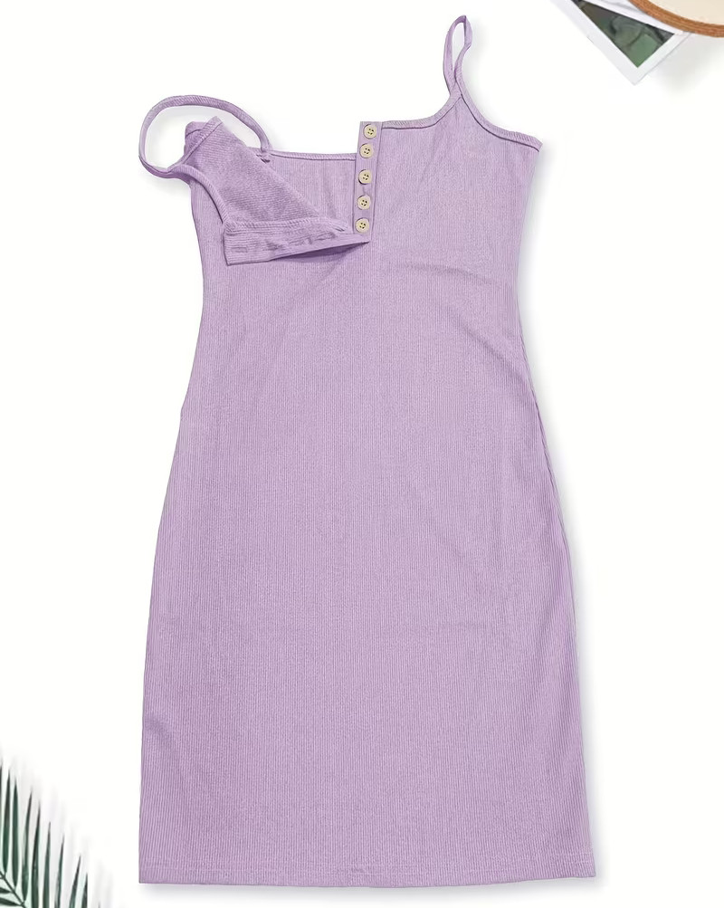 NEW Medium. Spaghetti Strap 5 Button Down Bust Plunge. Knit Bodycon Mini Dress