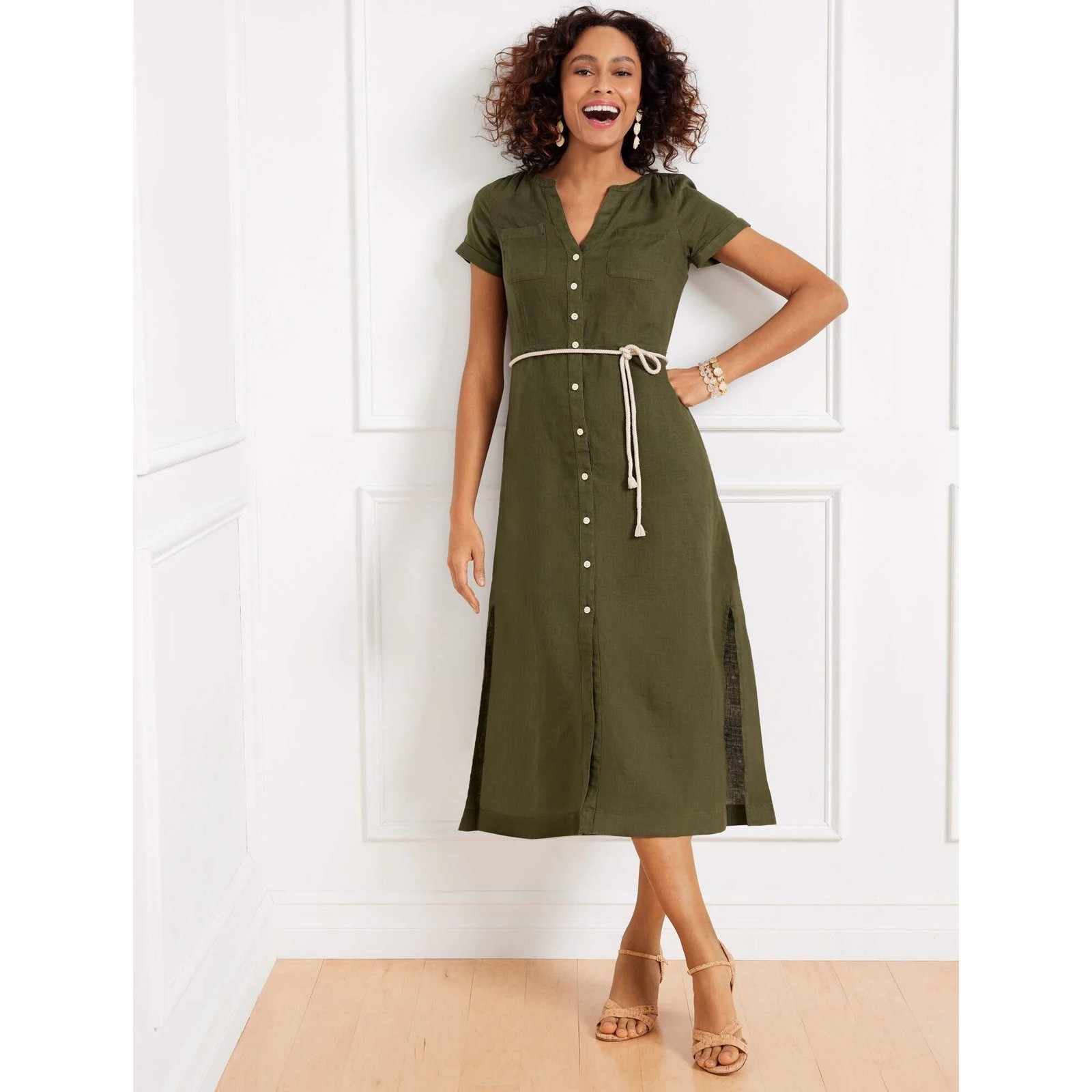 TALBOTS Linen Shirtdress 18 Olive Green Rope Belt Utility Coastal Summer Midi