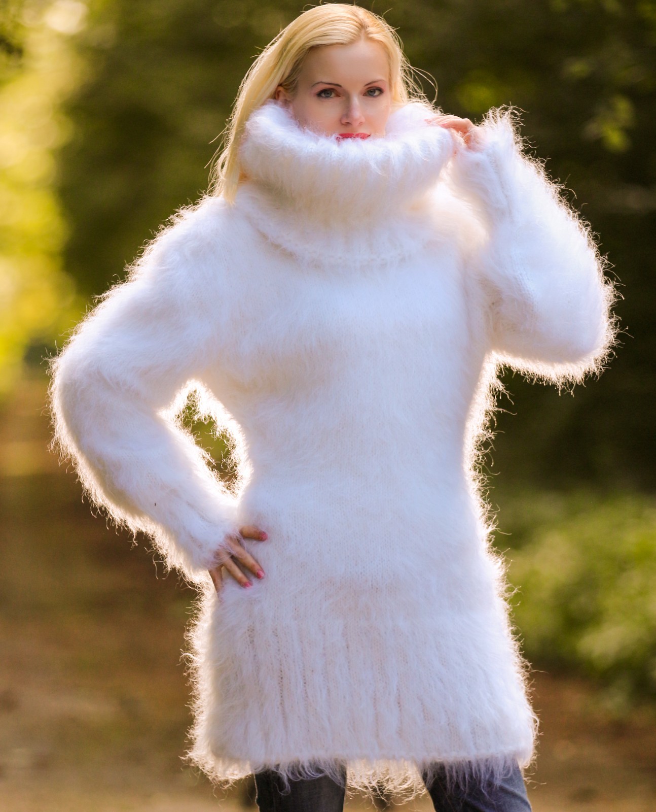 Thick white fuzzy mohair sweater dress, SuperTanya handmade knitwear, size M-L