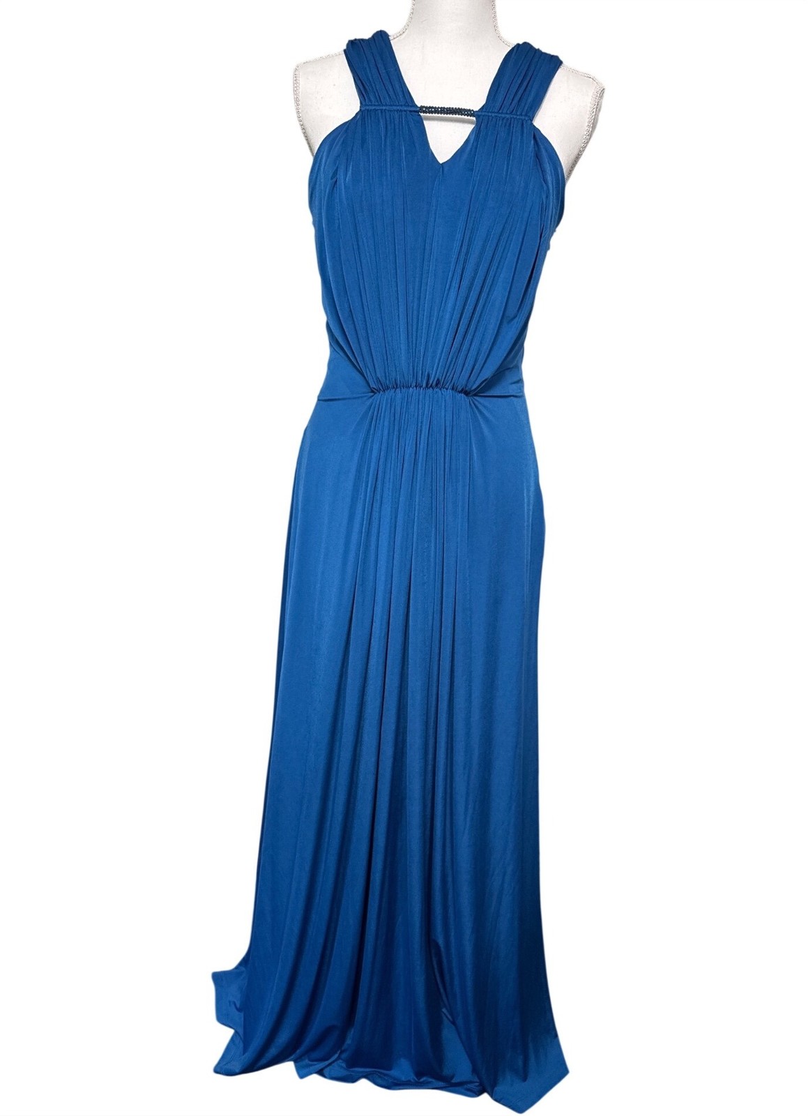 Ranna Gill Blue Maxi Dress Sleeveless Pleated V-Neck Polyester Spandex Medium