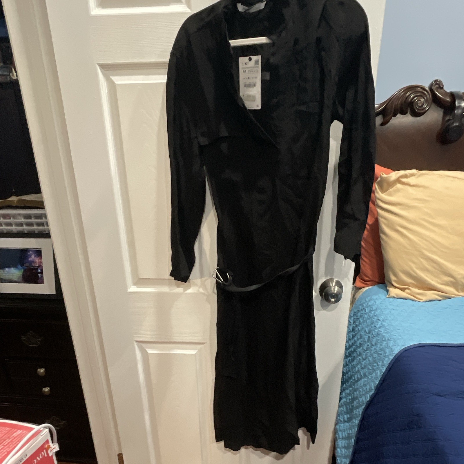 Zara Black Satin Wrap Midi Dress Belted V-Neck Long Sleeve Polyester M
