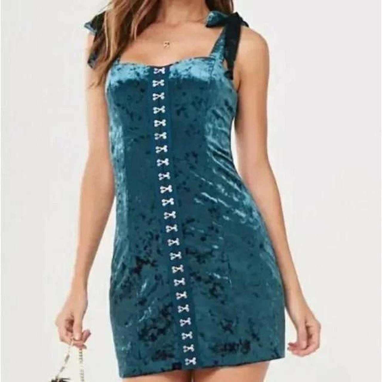 Women’s Forever 21 Velvet Corset Front Mini Dress Emerald Tie Bow Straps Large