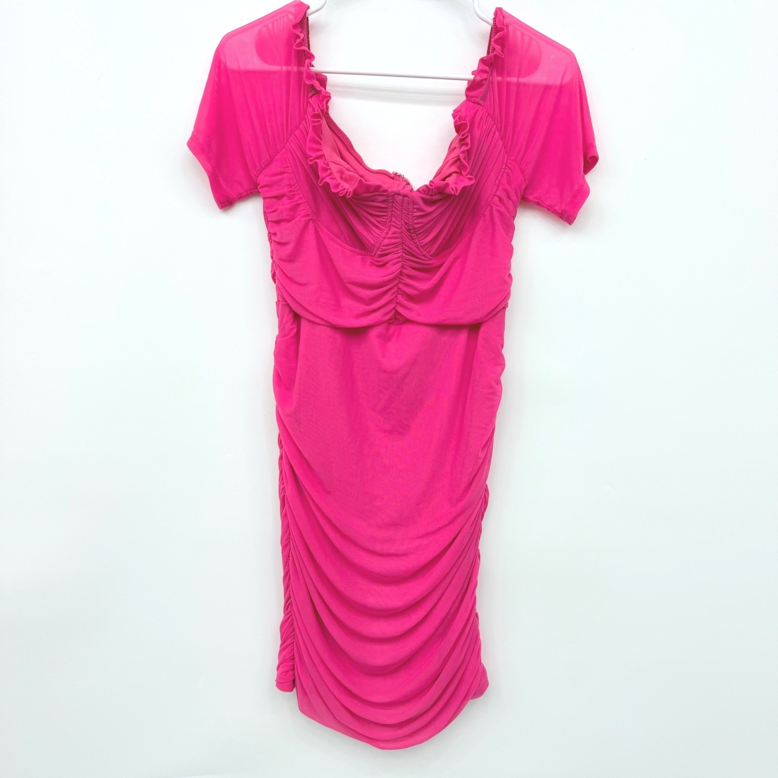 SHEINBAE Plus Ruched Mesh Off Shoulder Bodycon Mini Dress Womens 0XL Hot Pink