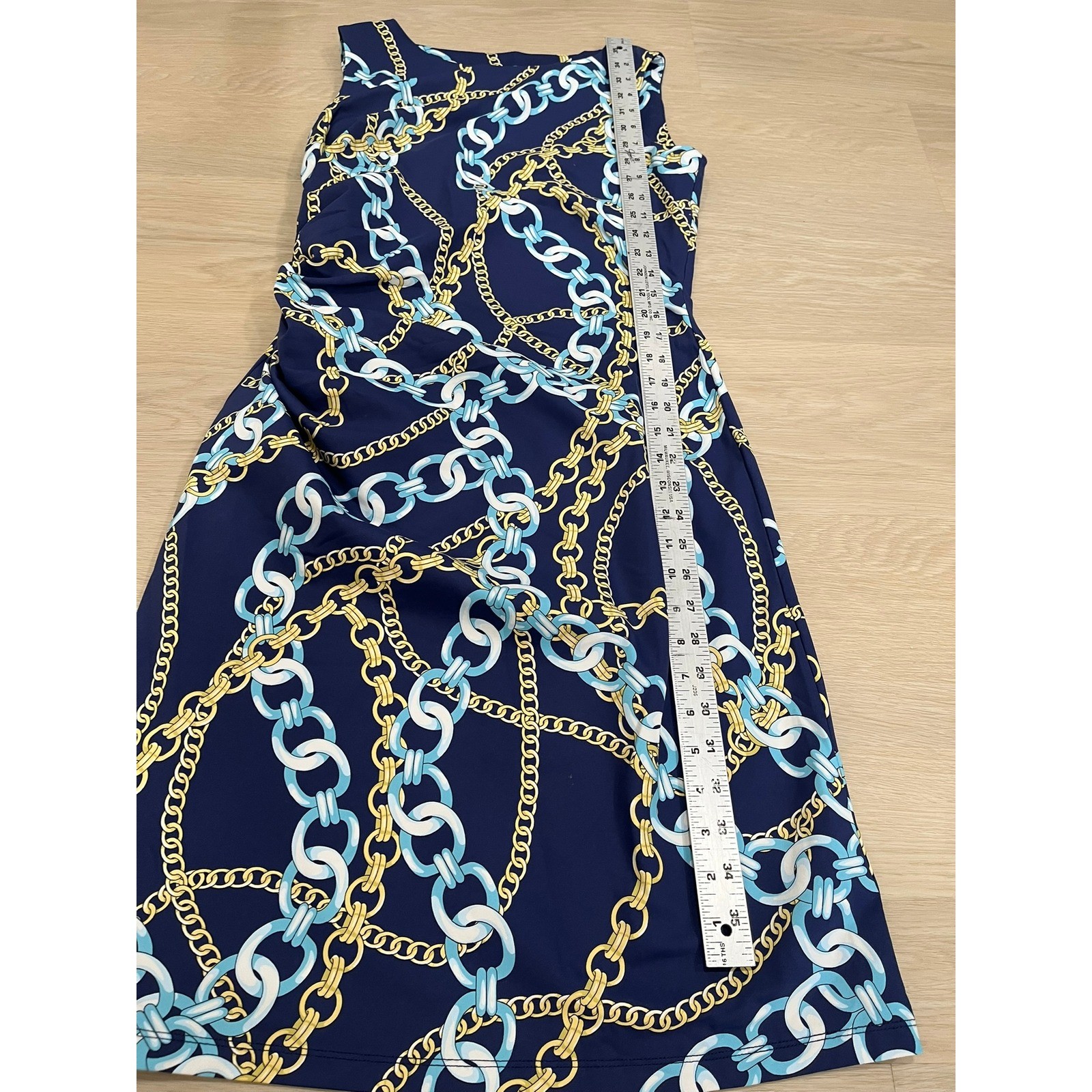 J.McLaughlin Navy Blue Gold Chain Link Print Ruched Sheath Dress Womens Medium