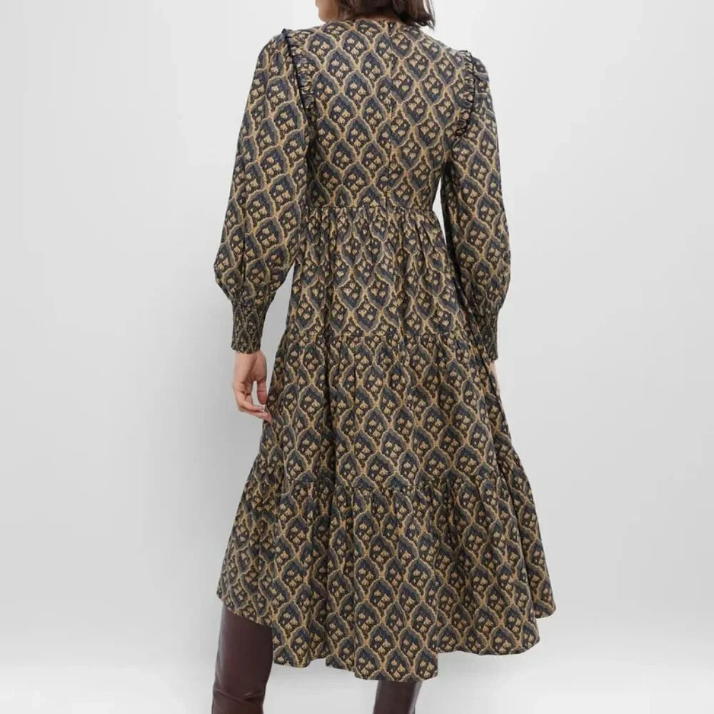 NWT Tuckernuck Hyacinth House Anja in Tan Navy Floral Cotton Midi Dress XXL 2XL