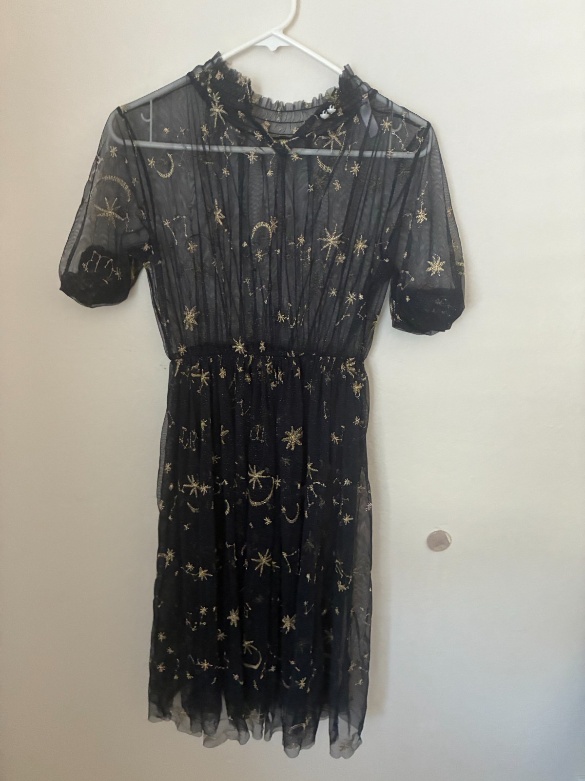 Golden Trend Celestial Sun Moon Stars Goth Chiffon Dress Large Witchy Black Gold