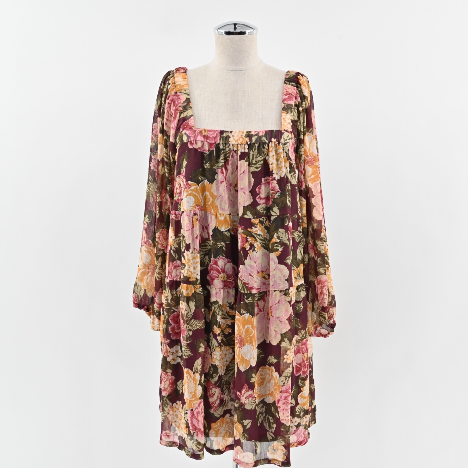 En Creme Floral Boho Dress Womens Sz L Tiered Ruffle Balloon Sleeve Square Neck