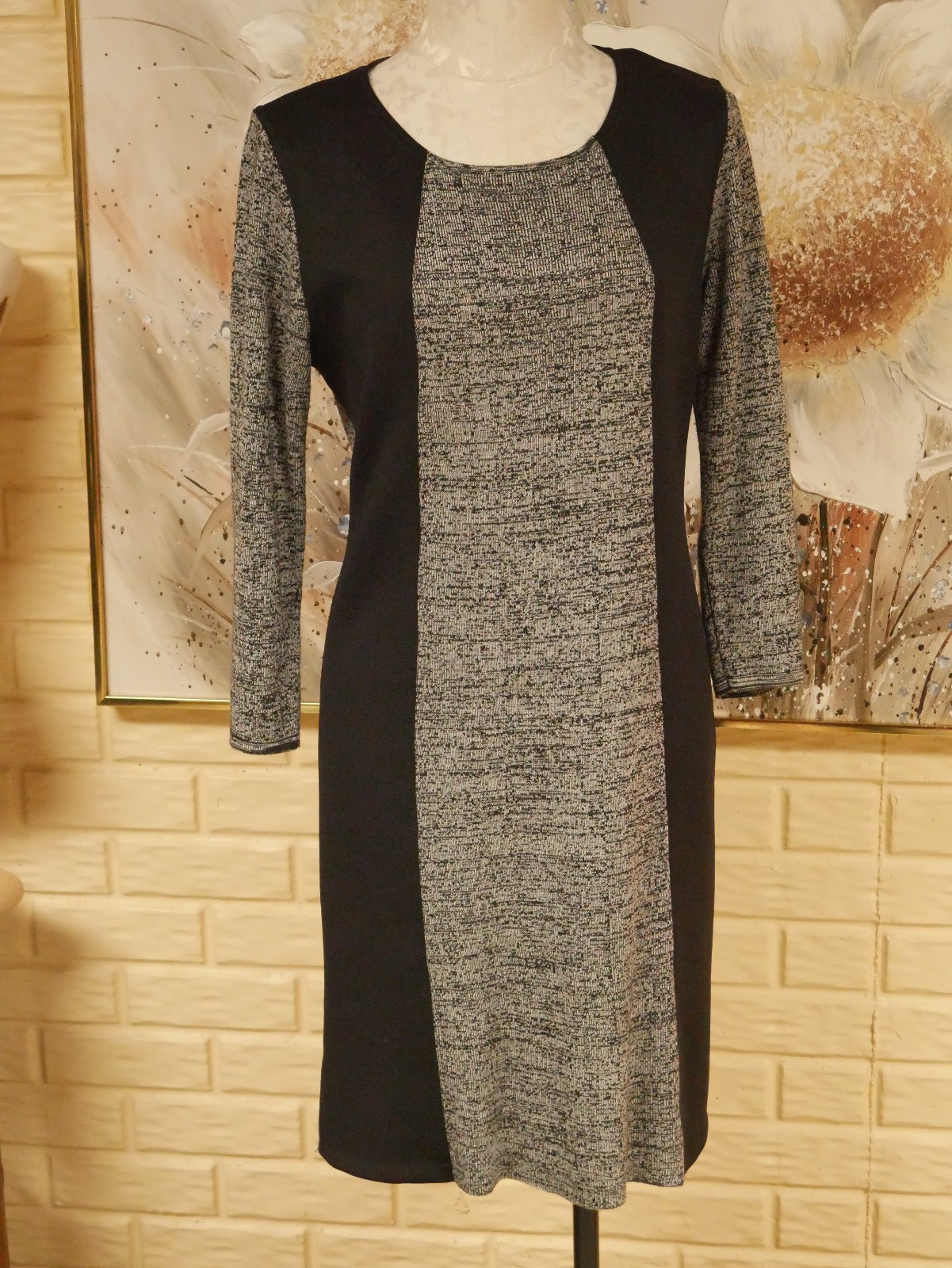 EUC CALVIN KLEIN SZ LARGE ACRYLIC STRETCH BLACK & GRAY FLECKED SWEATER DRESS