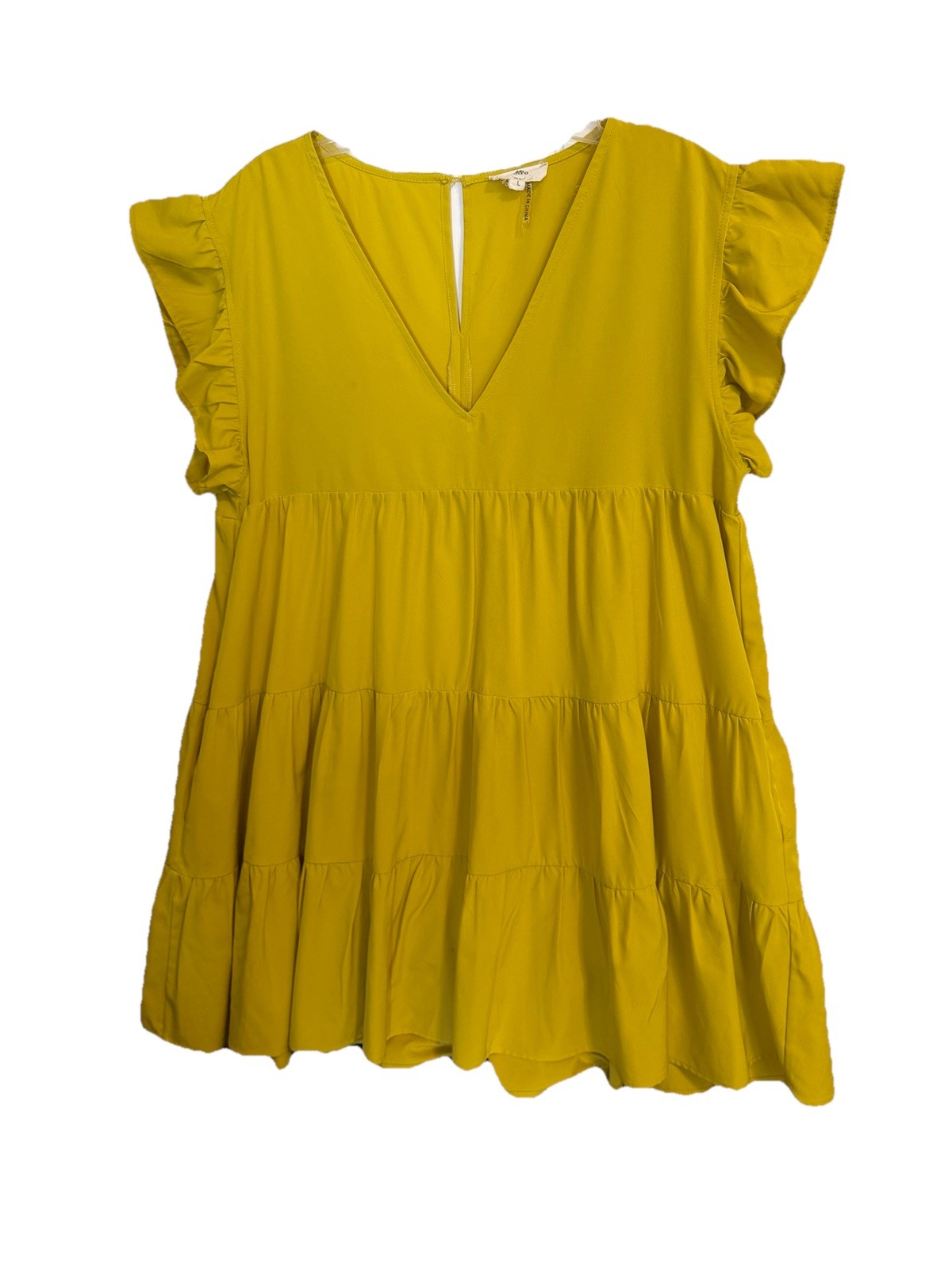 Entro L Cottagecore Mini Dress Yellow Gold Tiered Ruffles Milkmaid Boho Summer