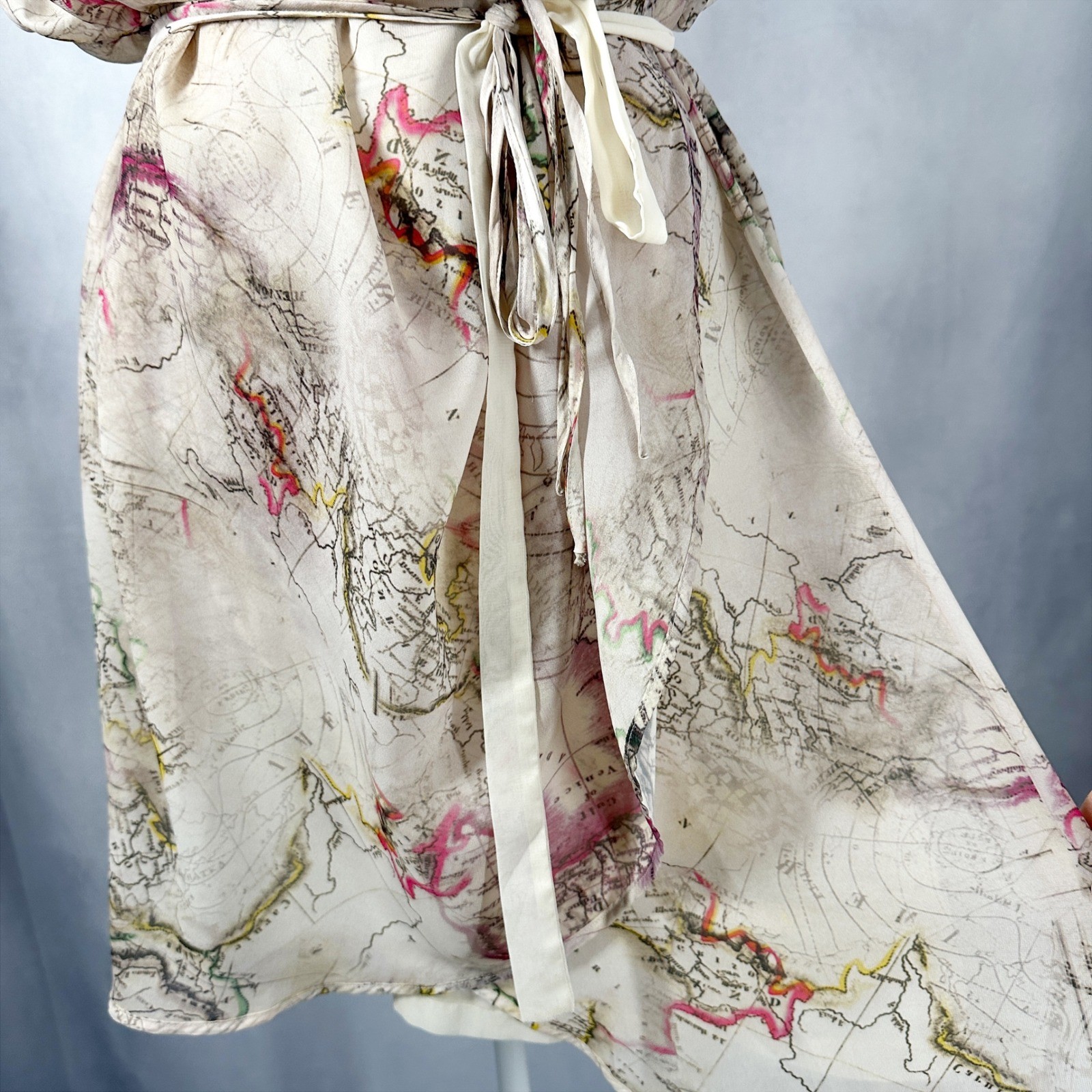 Kersh Sleeveless Draped Tie Waist Map Print Asymmetrical Dress Size Medium NEW