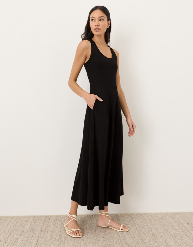 PACT Organic Fit & Flare Open Back Maxi Dress – Black (NEW)