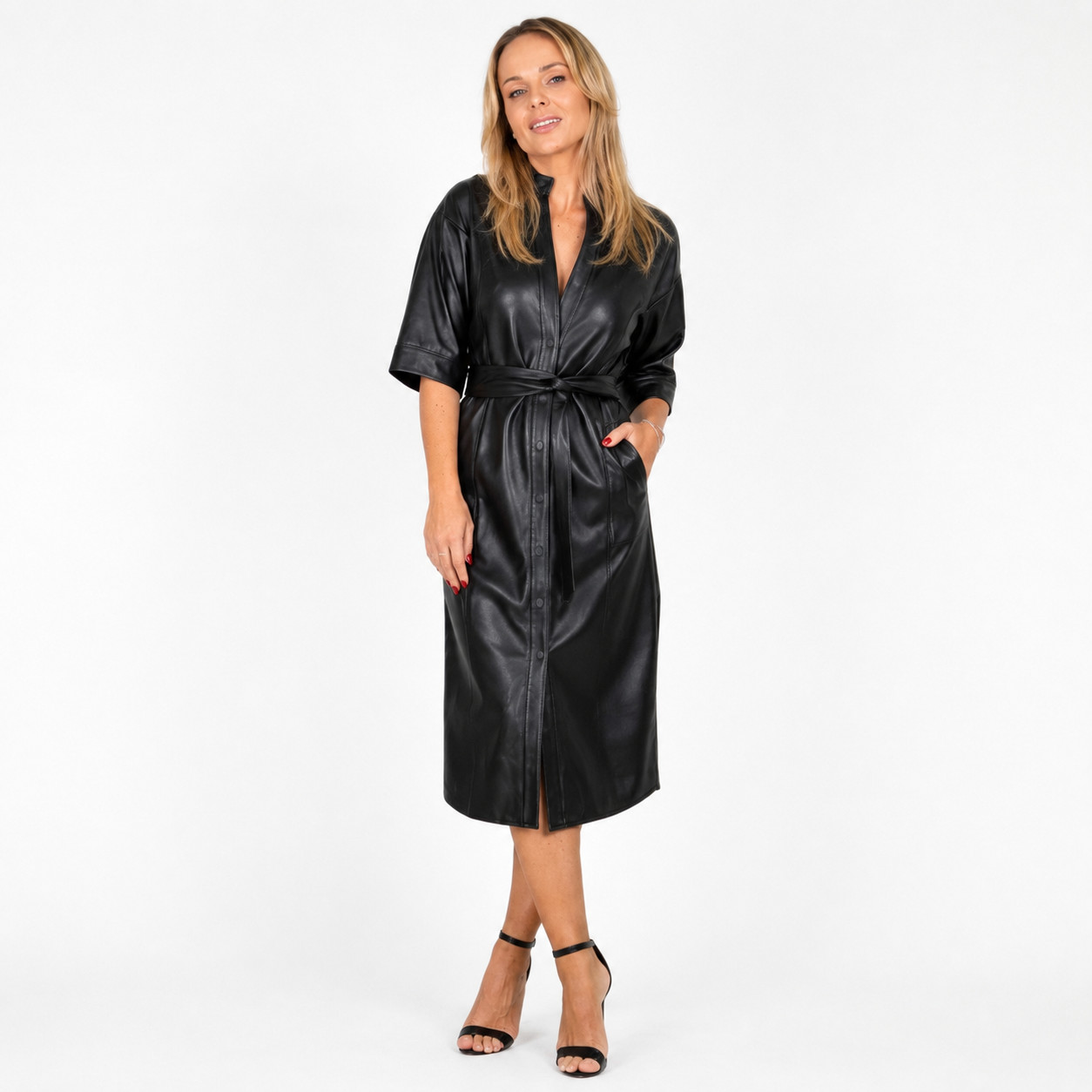 Handmade Genuine Lambskin Leather Shirt Dress for Women Black Belted Midi Dress