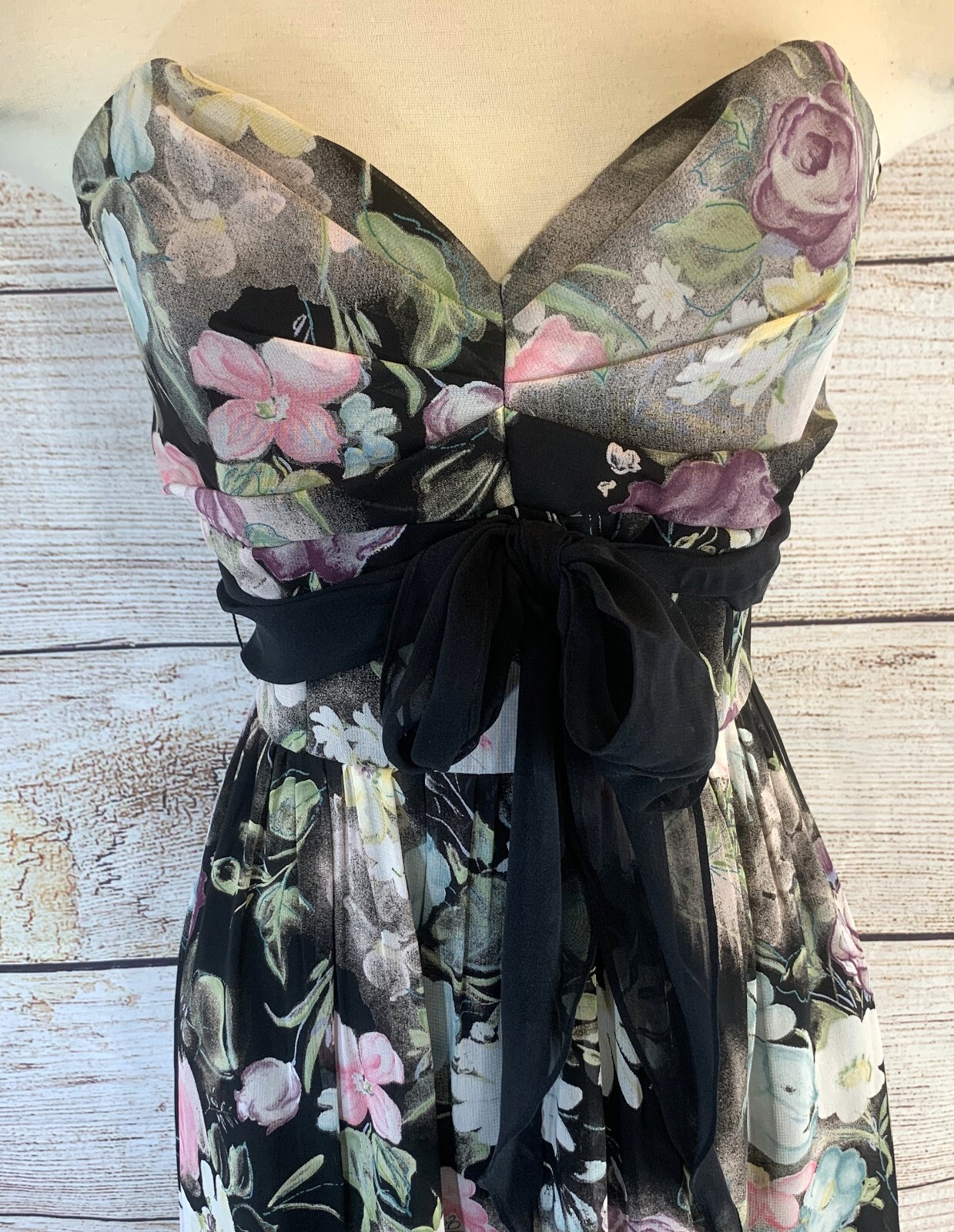 SIRI Strapless Party Dress 8 Black Floral 100% Silk Tie Belt Empire Waist Pleats