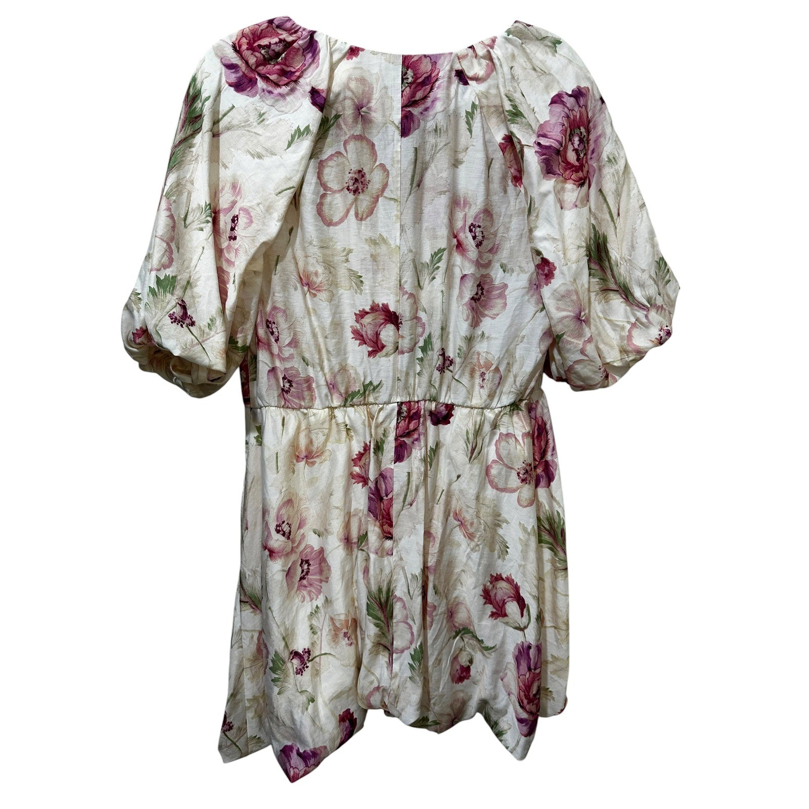 H&M Floral Linen Blend Puff Sleeve Mini Dress Cream Pink Cottagecore Womens M