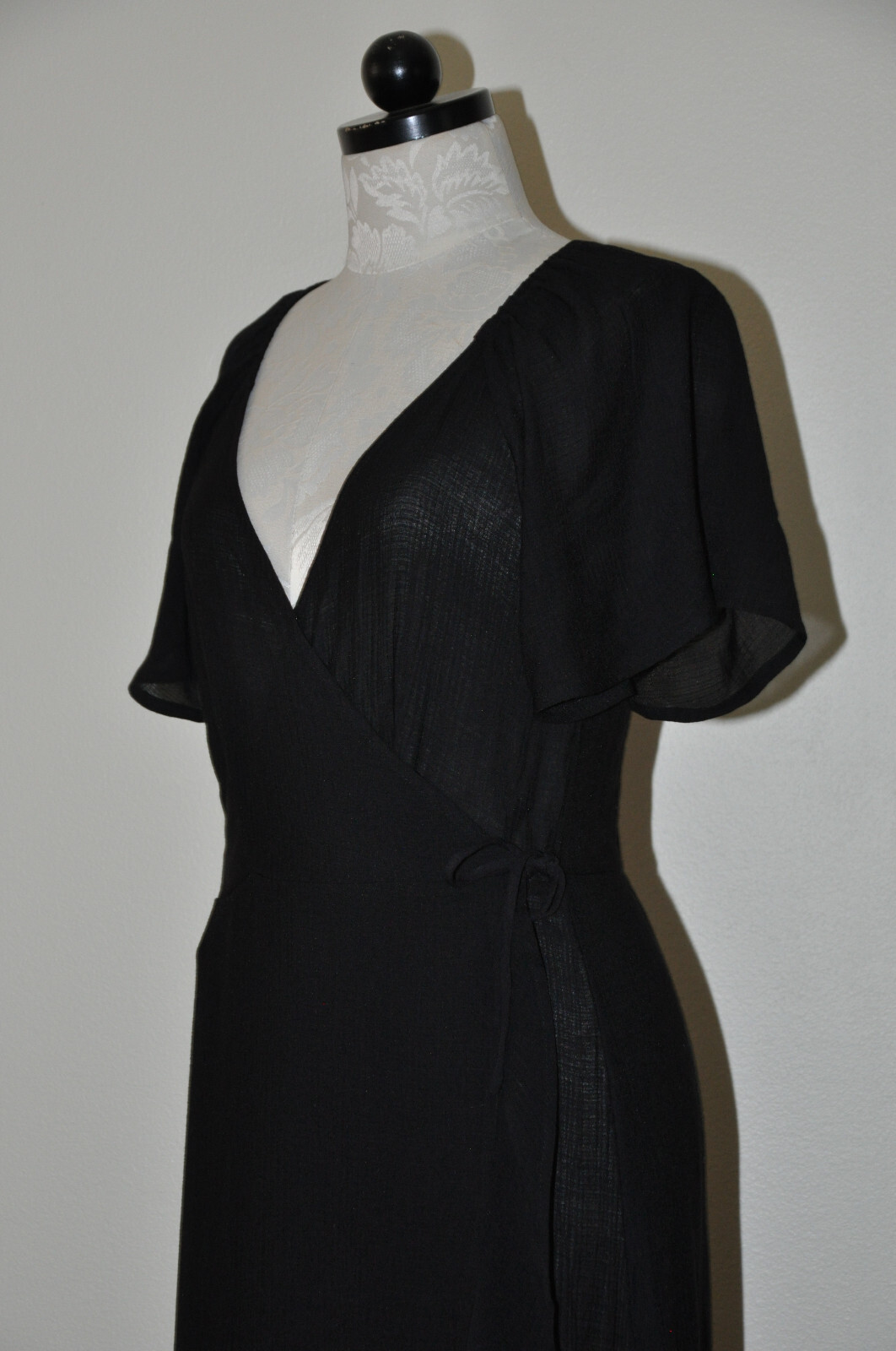 Lush Black Cotton Gauze Sheer Plunging Neckline Long Maxi Wrap Dress LBD Women M