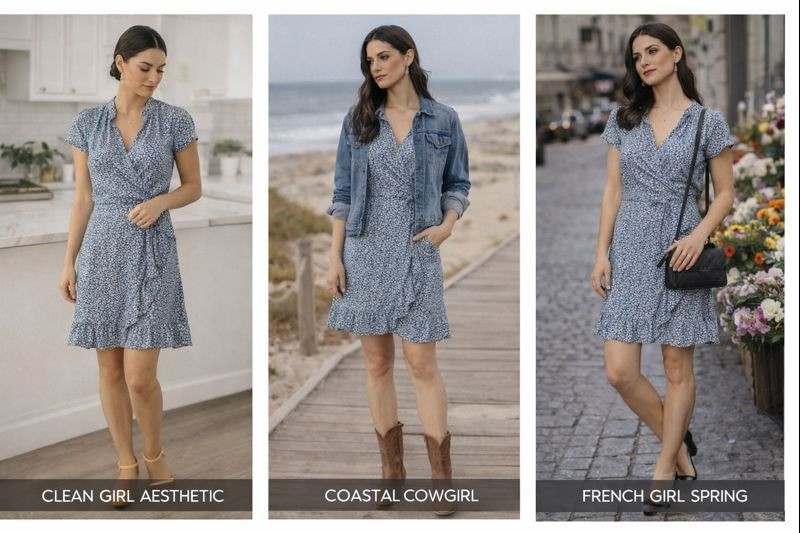Madewell XS Blue Wrap Dress Floral Ruffle Hem French Girl Coastal Clean Look