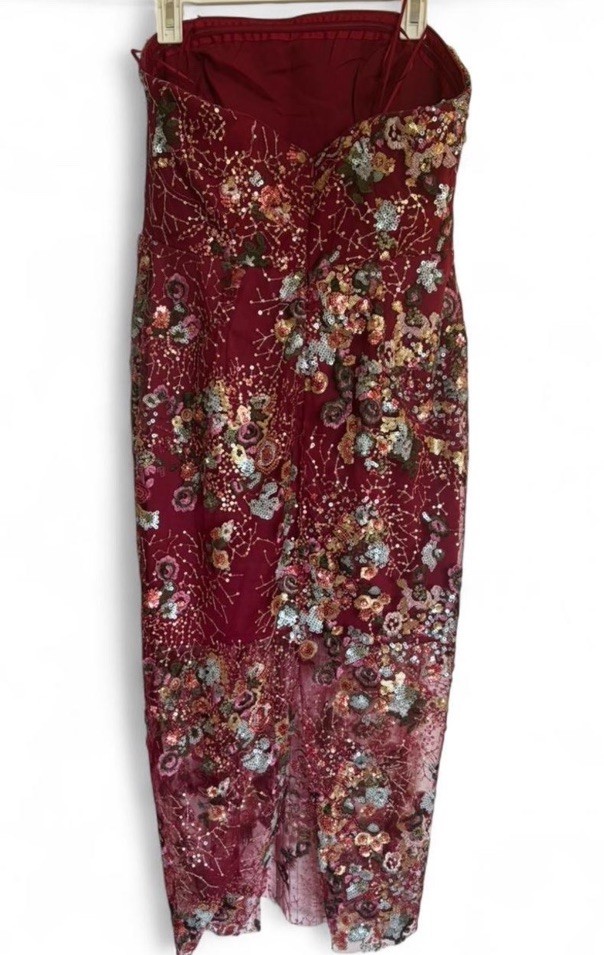 Sam Edelman Burgundy Floral Sequin Mesh Strapless Midi Sheath Dress Size 10