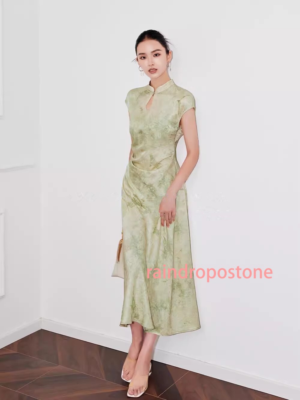 Womens Stand Collar Floral Printed Mid Long Dress Sleeveless Retro Chinese Style