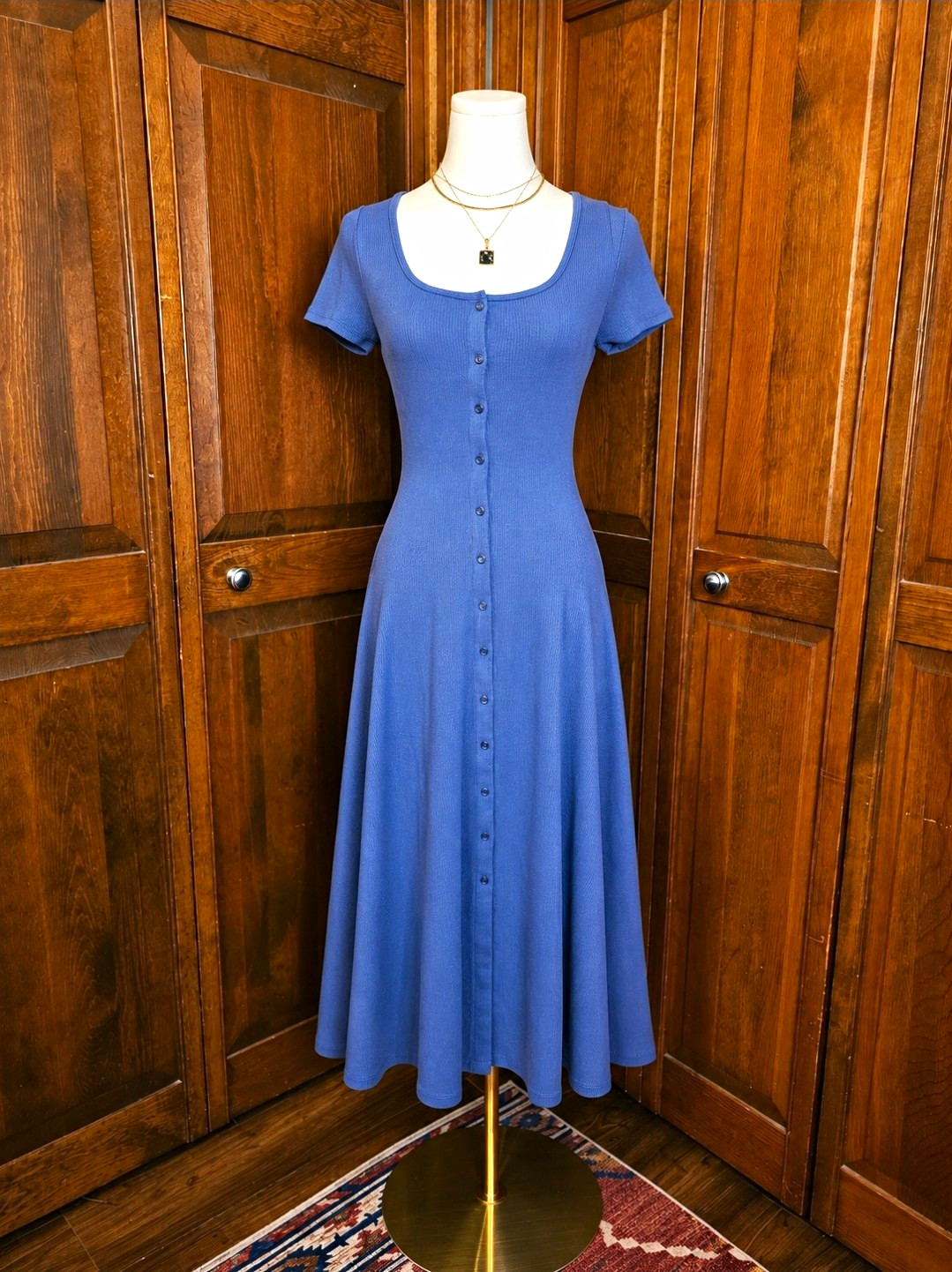 Universal Thread Blue Ribbed Knit Button Front Scoop Neck Midi Dress XS