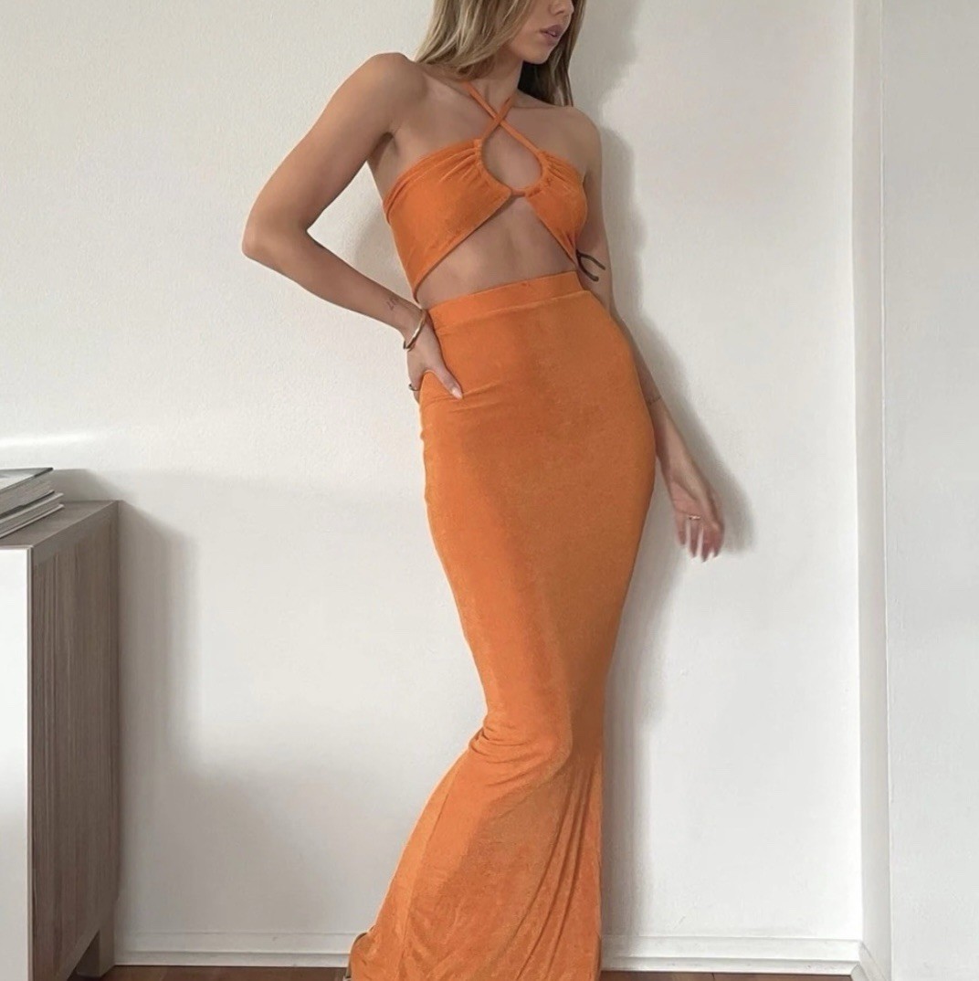 Peppermayo Vibrant Orange Bandeau Top & Matching Long Maxi Skirt Set / Size US 4