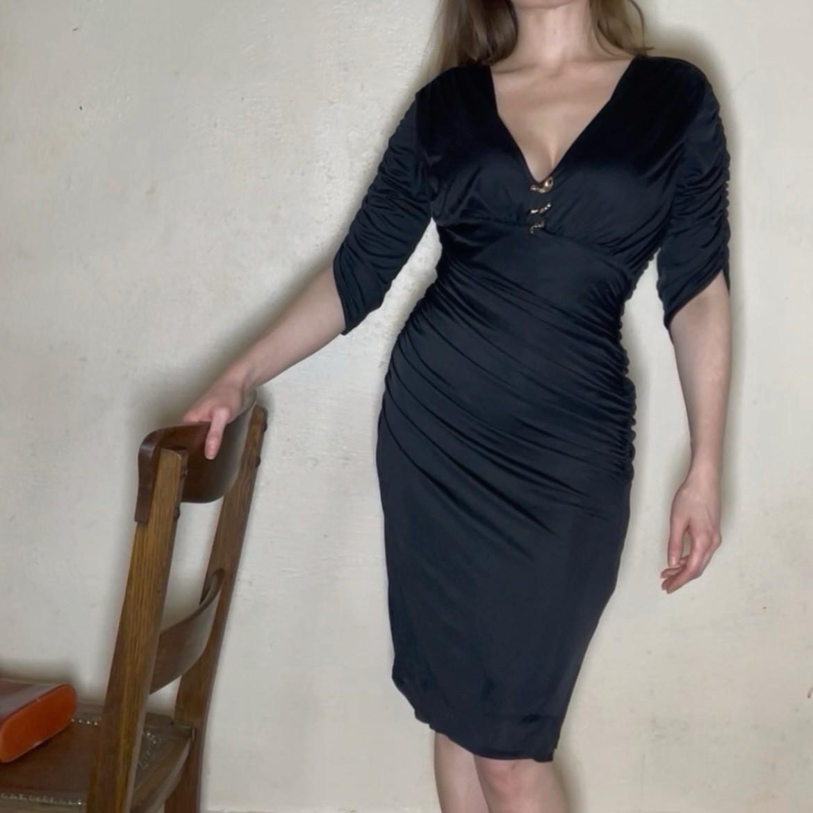 Vintage Archival Roberto Cavalli 2010 Black Ruched Midi Dress Gold Snake Gown IT