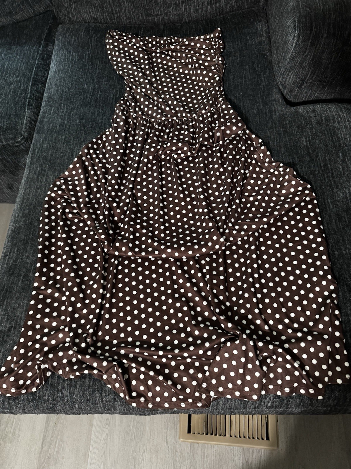 Brown/White Polka Dot Strapless Smocked Maxi Dress Long Size L Chiffon