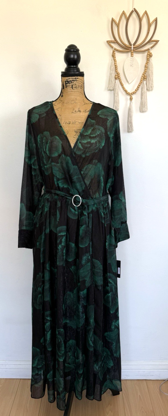 Elegant Green | Black Floral Chiffon Lined Special Occasion Party Maxi Dress 14W