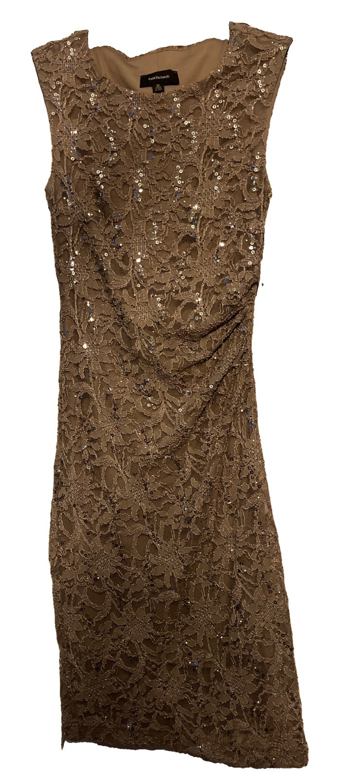 R&M Richards Dress Taupe Fitted sleeveless Long lace sequins Size 8 10 12 New
