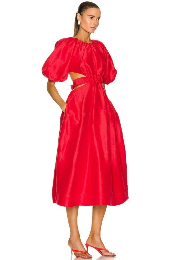 Aje Mimosa Silk & Cotton Red Cut-Out Tie Waist Midi Dress Size 14 Puff Sleeve