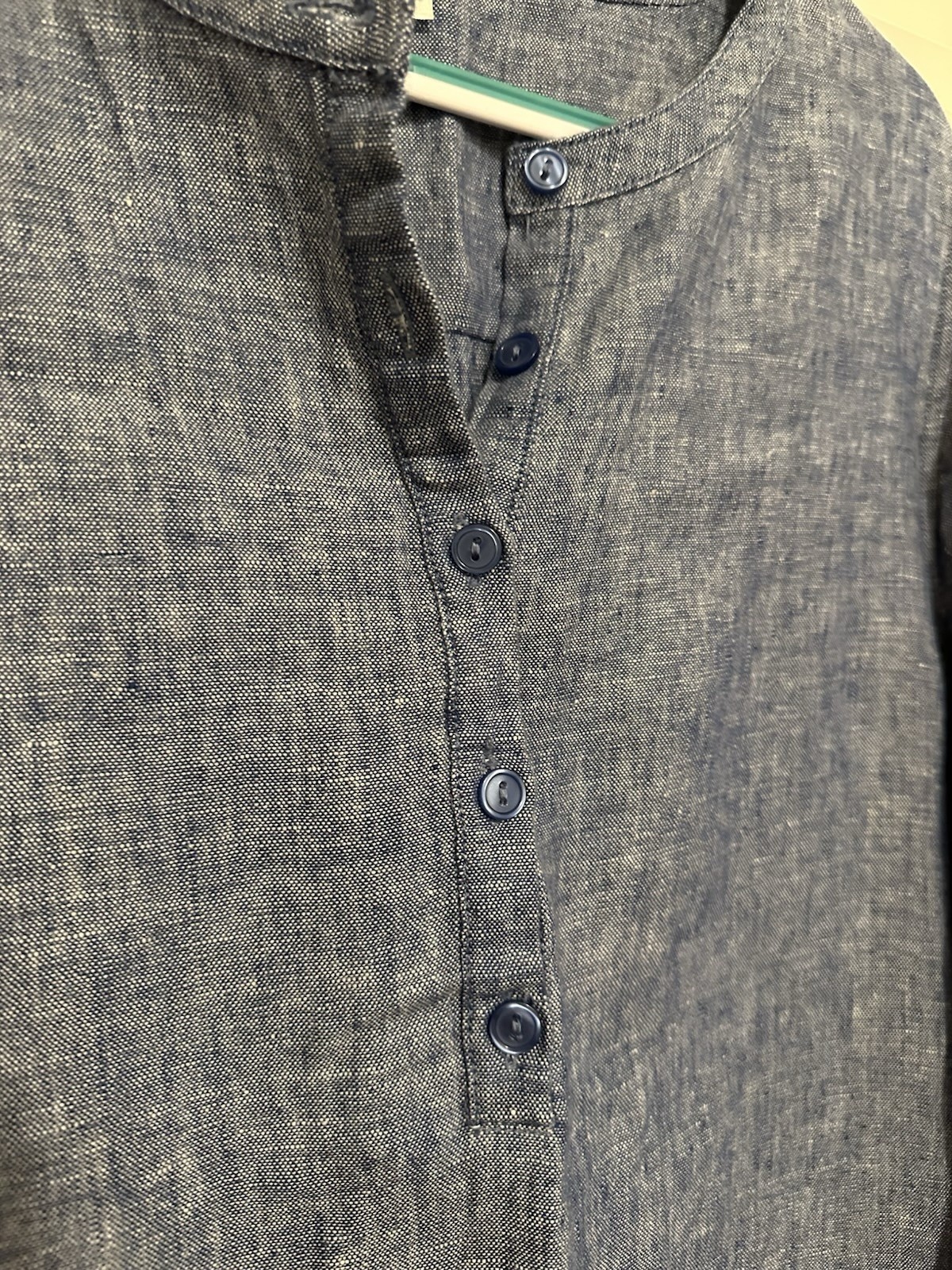 Garnet Hill 100% Linen Henley Pullover Dress Chambray Blue Roll Tab Sleeve sz 16