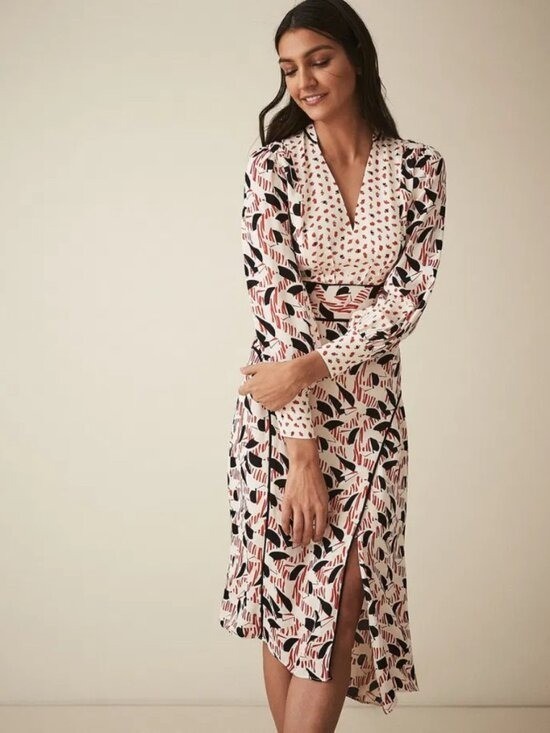 Reiss Emmi Floral Print Side Slit Asymmetric Midi Dress Red Multi Size 6