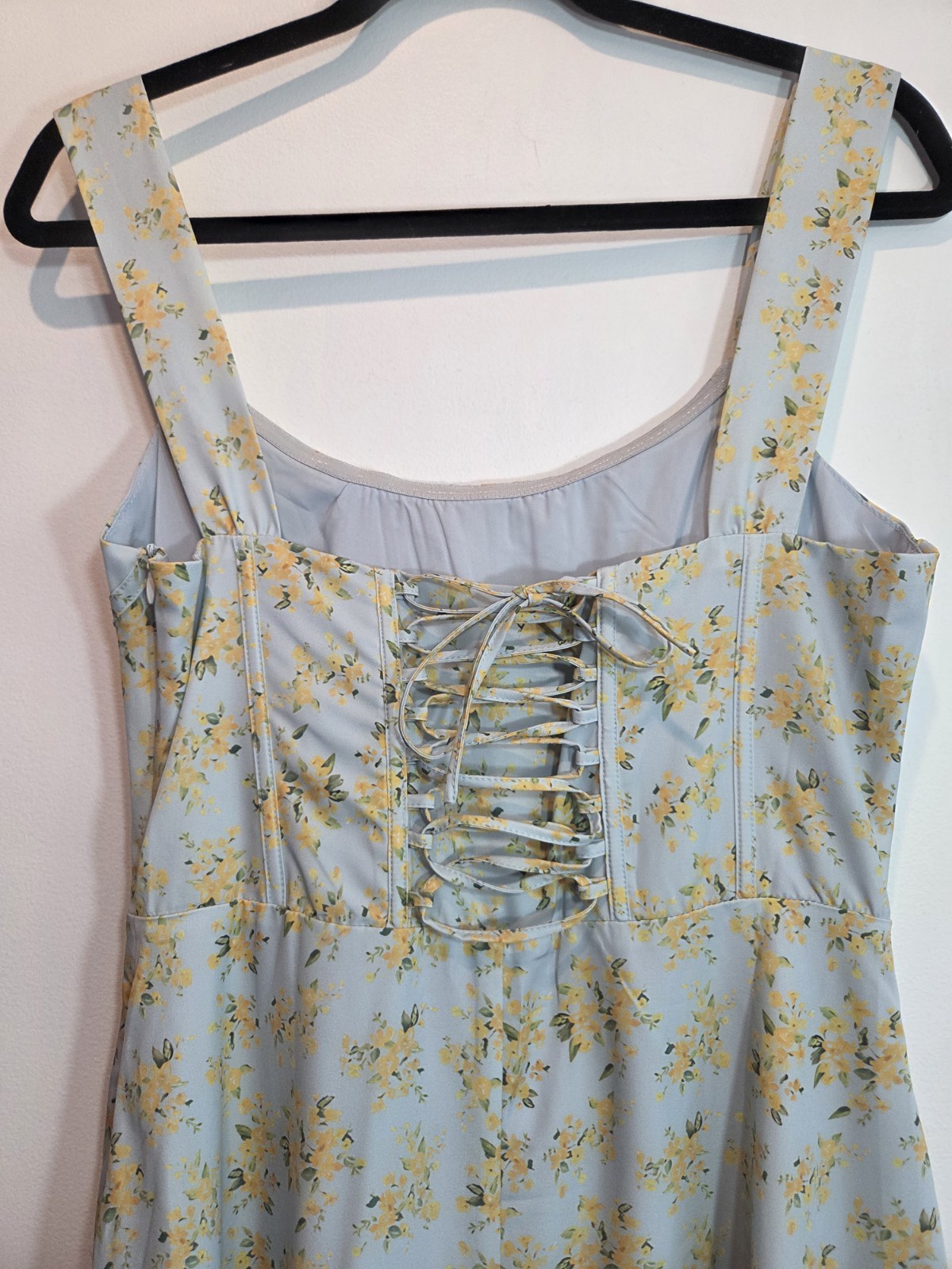 UNBRANDED Size L Blue/Yellow Floral Square Neck Corset Back Lace Up Midi Dress
