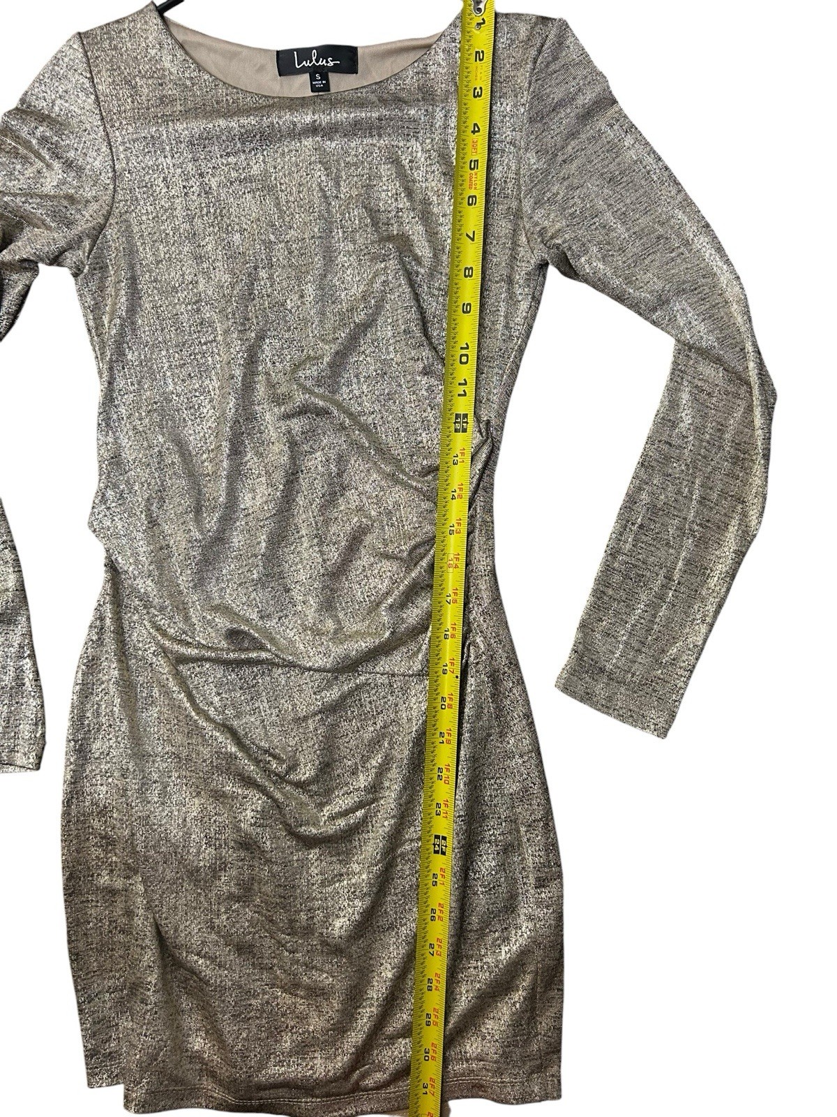 Lulus Silver Metallic Ruched Lined Stretch Boat Neck Long Sleeve Bodycon S