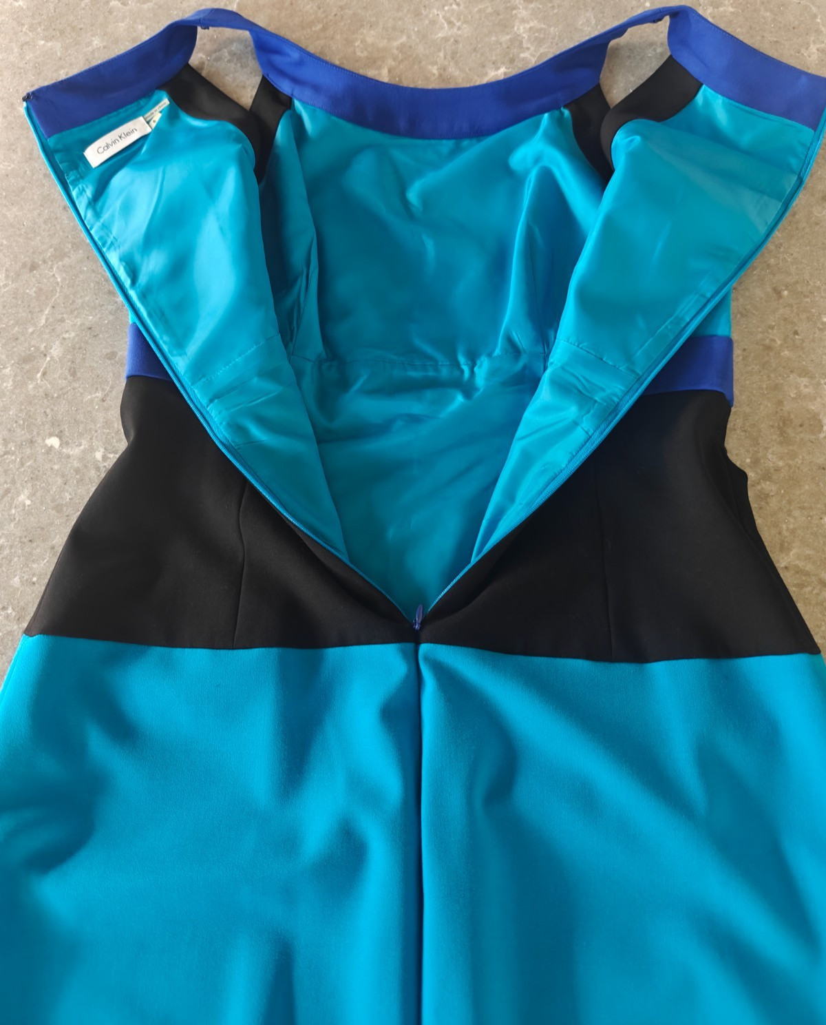 Calvin Klein Dress Size 6 Teal Blue Black Purple Striped Color Block Lined