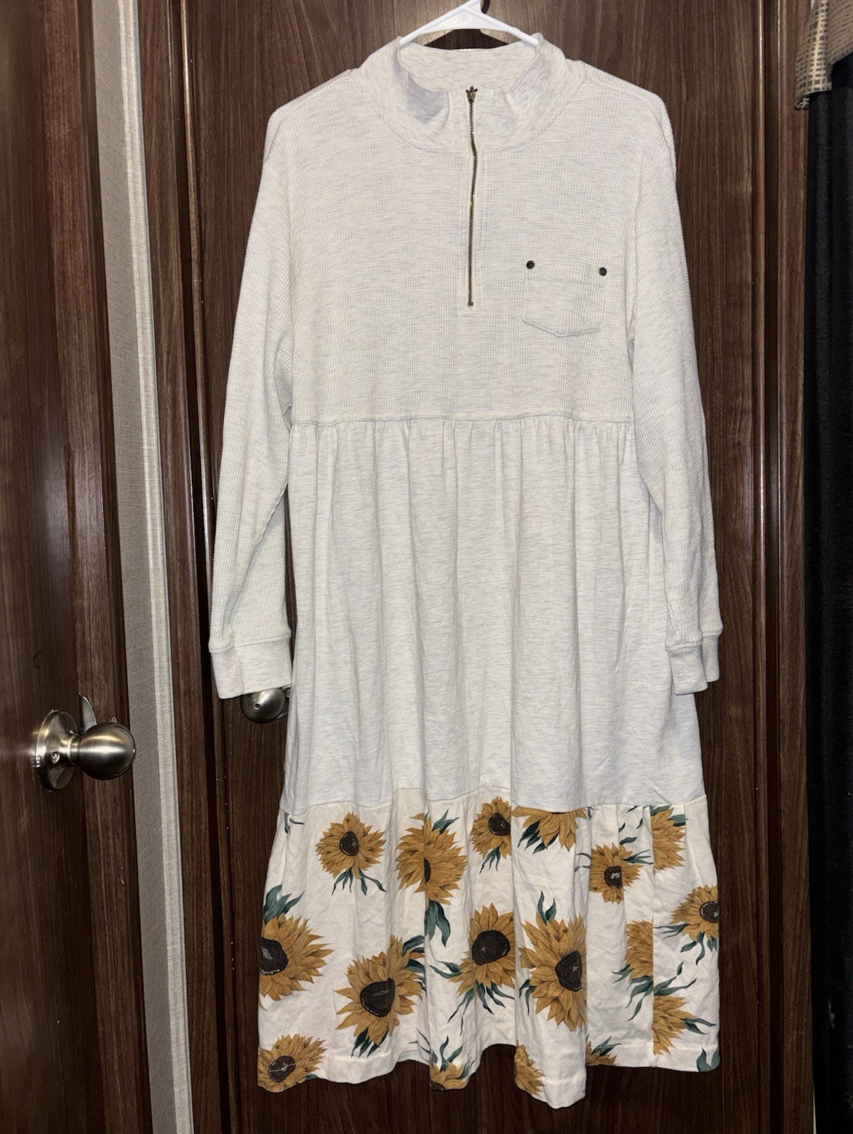 Vintage Sigrid Olsen gray Knit Mock Neck Half Zip Shirt Dress Floral Hem Size L