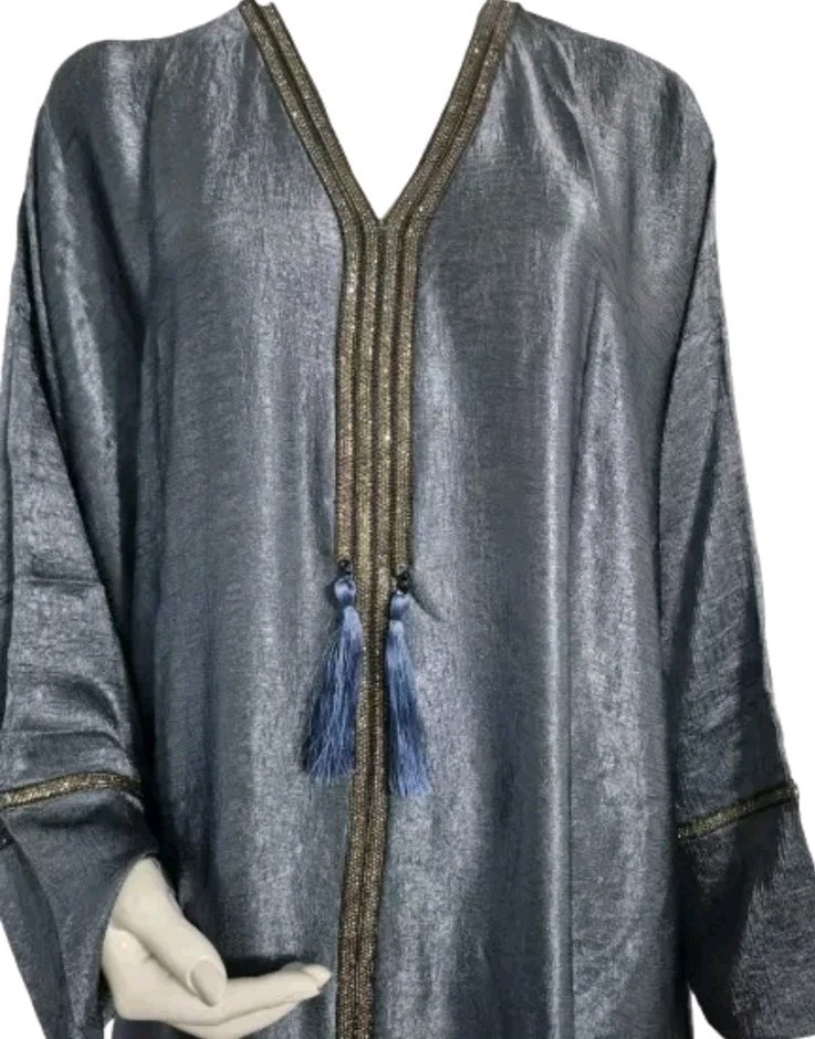 SS26 Quality Ladies Premium Crushed Satin Frasha Abaya Diamante Silver Size 54