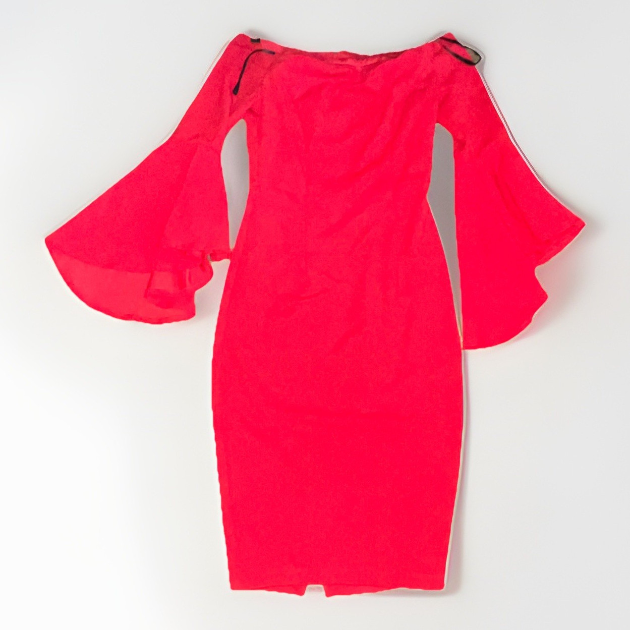 Premier Amour Red Solid Sheath Knee Dress Off Shoulder Bell 3/4 Sleeve Zip 2 G24