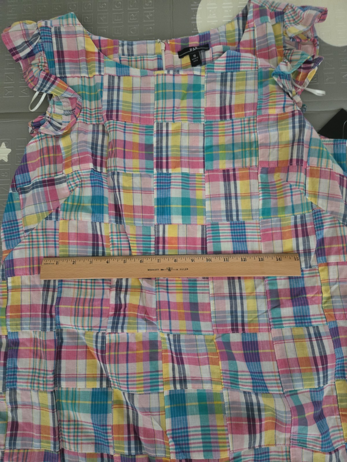 R&K Original Multi Madras Patchwork Plaid Ruffle Sleeve Dress Size 18, Cotton