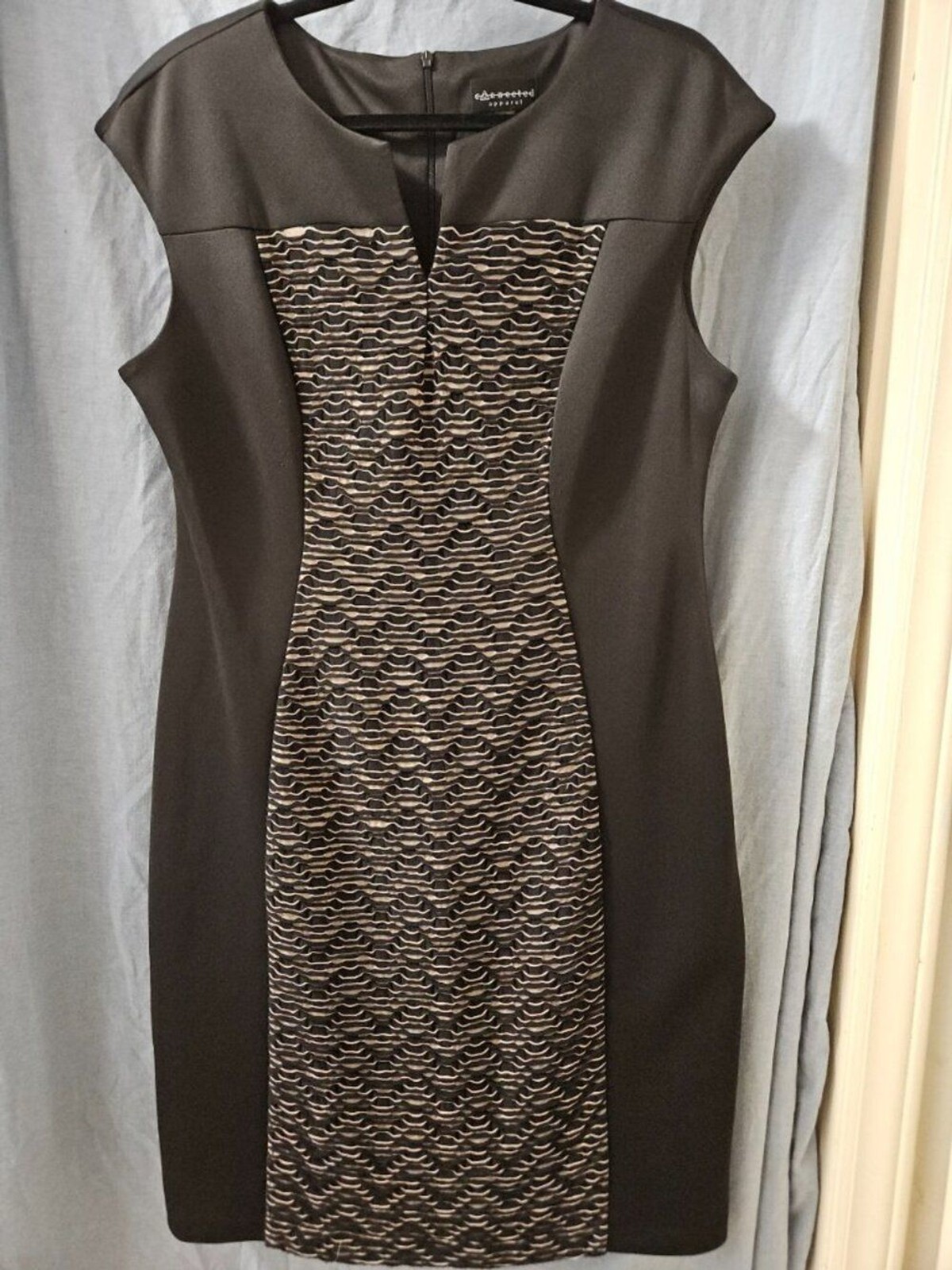 Connected Apparel Brown Tweed Illusion Contrast Panel Sheath Dress – 16