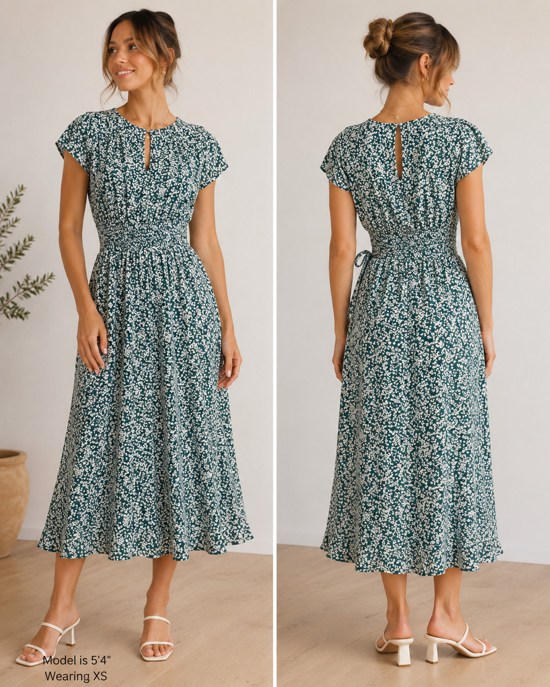Sienna Sky Women’s XS Dusty Teal Floral Faux Wrap Midi Dress Elastic Waist