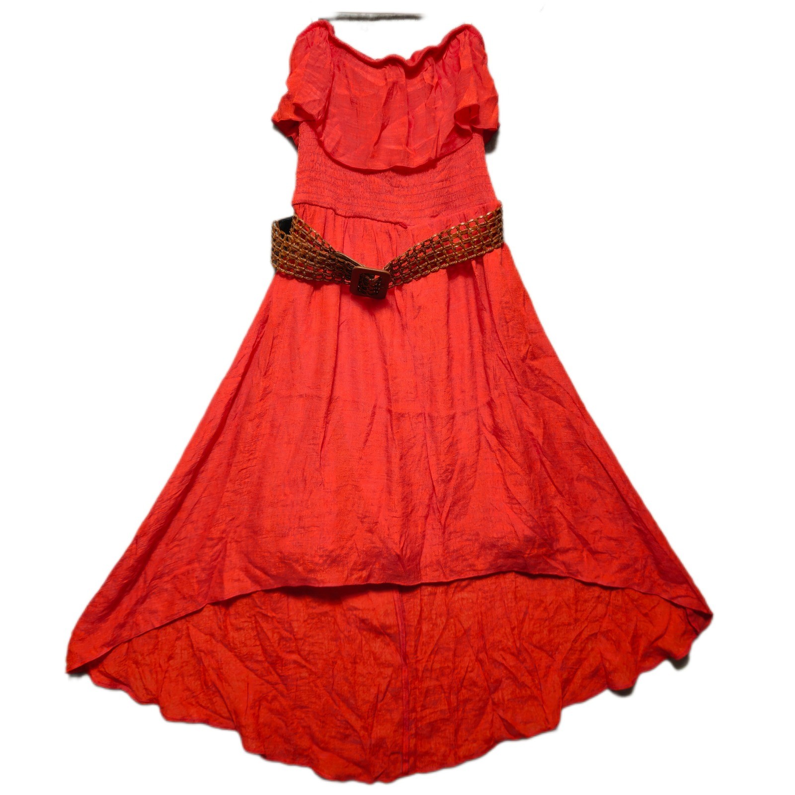 IZ Byer High Low Dress Womens Large Orange Boho Ruffle Off Shoulder Summer