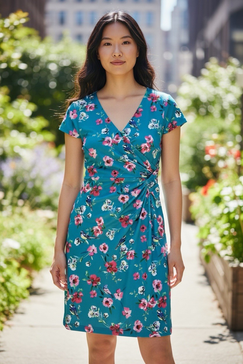 Yumi Oriental Floral Faux Wrap Dress Size 8 Turquoise Birds Cap Sleeves V-neck