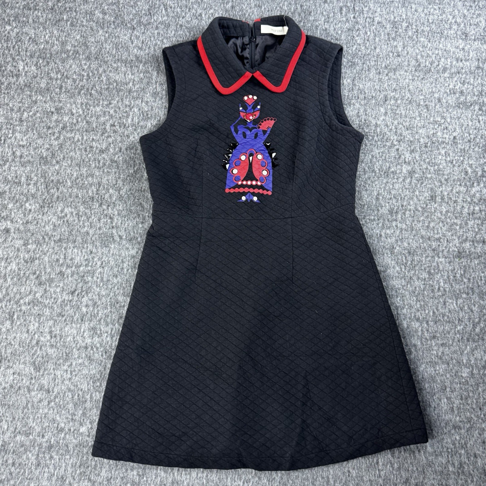 YIFINI Dark Blue Sleeveless Mini Dress Quilted Texture Red Collar Embroidered