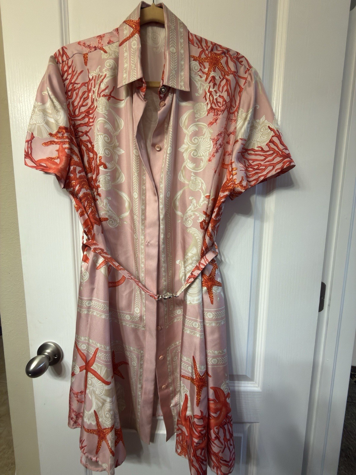 Versace Silk Satin Coral Print Shirt Dress Medusa Buckle Belted Size 52