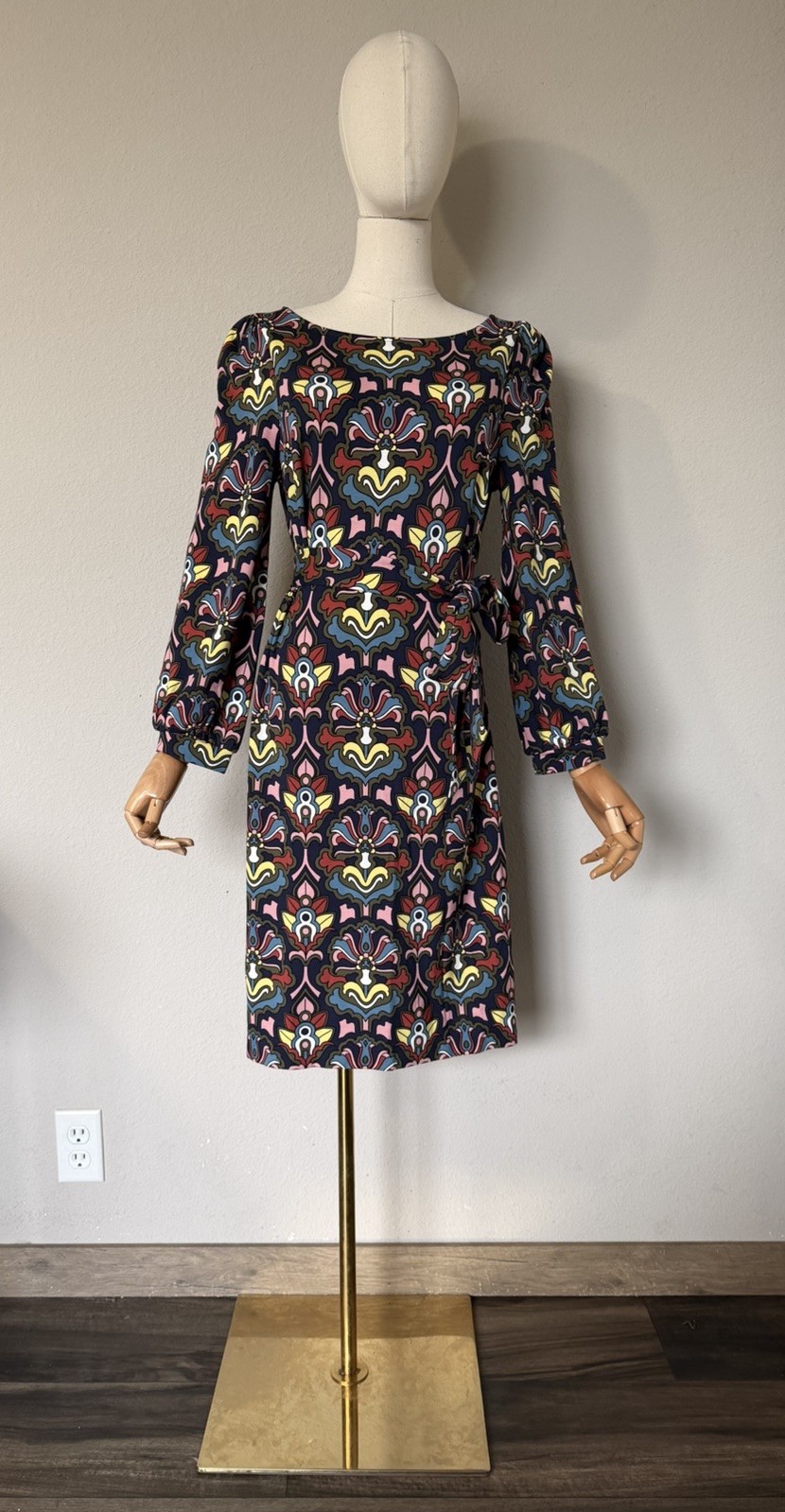BODEN Tie Detail Jersey Shift Dress Size US 4R Multicolor Print