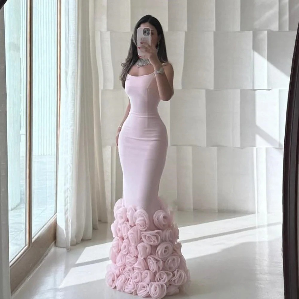 Light Pink Flower Pleat Mermaid Evening Dresses Sexy Spaghetti Straps Prom Gowns
